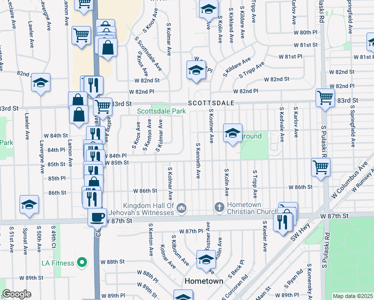 map of restaurants, bars, coffee shops, grocery stores, and more near 8443 South Kilbourn Avenue in Chicago
