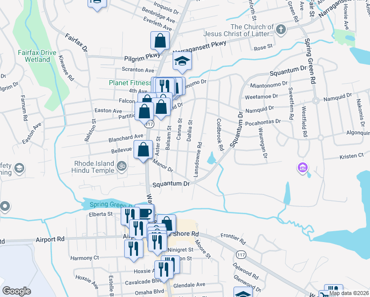 map of restaurants, bars, coffee shops, grocery stores, and more near 3 Shippen Avenue in Warwick