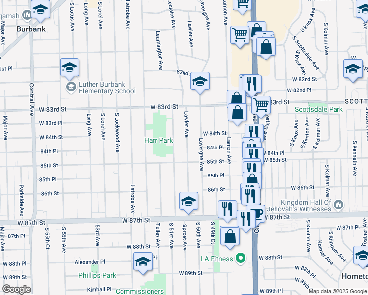 map of restaurants, bars, coffee shops, grocery stores, and more near 8444 Lawler Avenue in Burbank