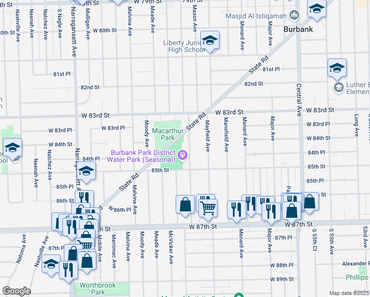 map of restaurants, bars, coffee shops, grocery stores, and more near 8418 Austin Avenue in Burbank