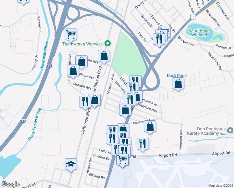 map of restaurants, bars, coffee shops, grocery stores, and more near 183 Maryland Avenue in Warwick