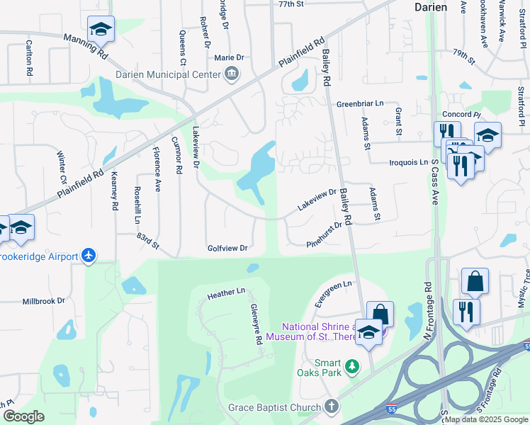 map of restaurants, bars, coffee shops, grocery stores, and more near 1570 Lakeview Drive in Darien