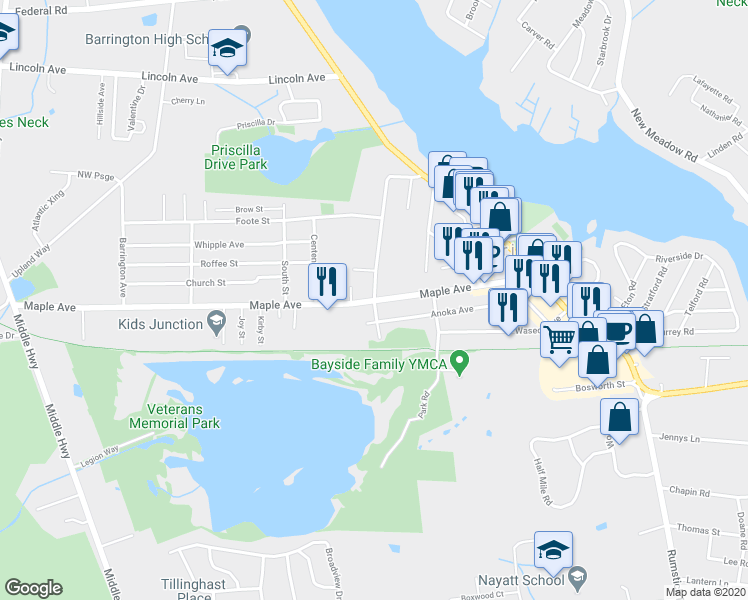 map of restaurants, bars, coffee shops, grocery stores, and more near 178 Prince's Hill Avenue in Barrington