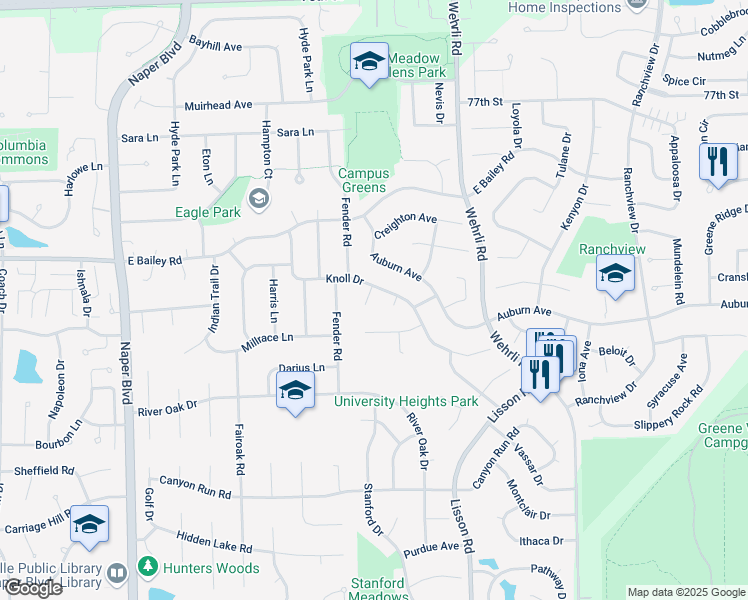 map of restaurants, bars, coffee shops, grocery stores, and more near 1714 Drake Court in Naperville