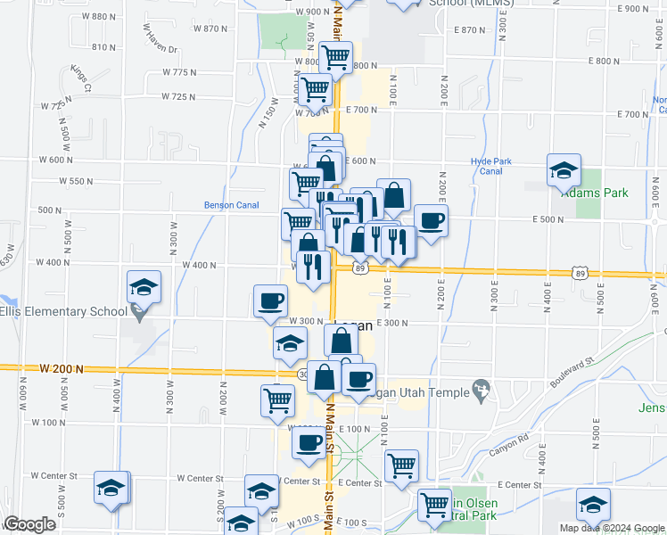 map of restaurants, bars, coffee shops, grocery stores, and more near 1 East 400 North in Logan
