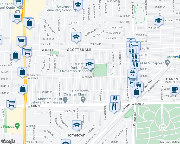 map of restaurants, bars, coffee shops, grocery stores, and more near 8445 South Kolin Avenue in Chicago