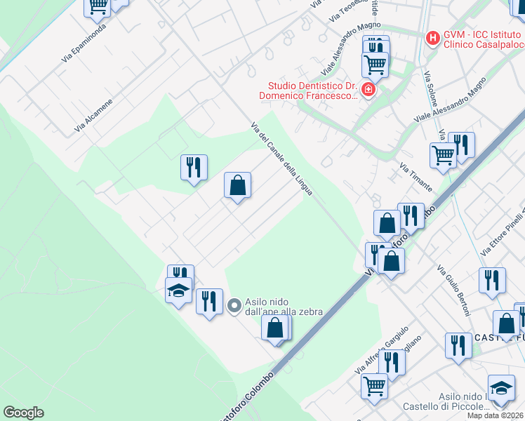 map of restaurants, bars, coffee shops, grocery stores, and more near 61 Via Conone in Città metropolitana di Roma Capitale