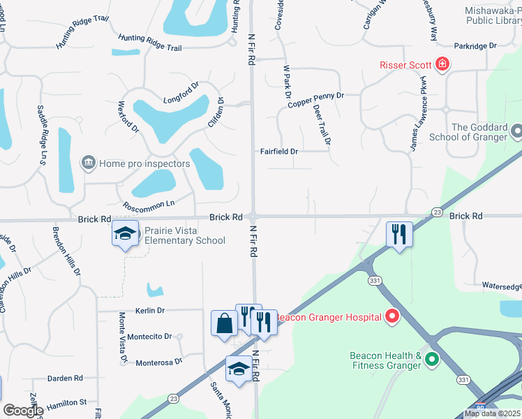 map of restaurants, bars, coffee shops, grocery stores, and more near 51998 Fir Road in Granger