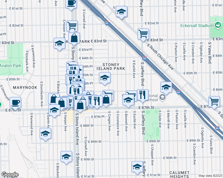 map of restaurants, bars, coffee shops, grocery stores, and more near 8555 South Cregier Avenue in Chicago