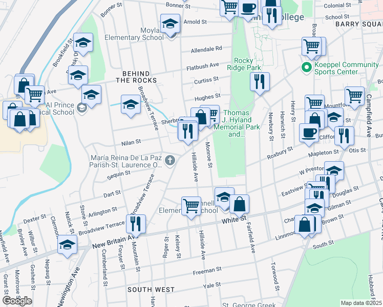 map of restaurants, bars, coffee shops, grocery stores, and more near 445 New Britain Avenue in Hartford