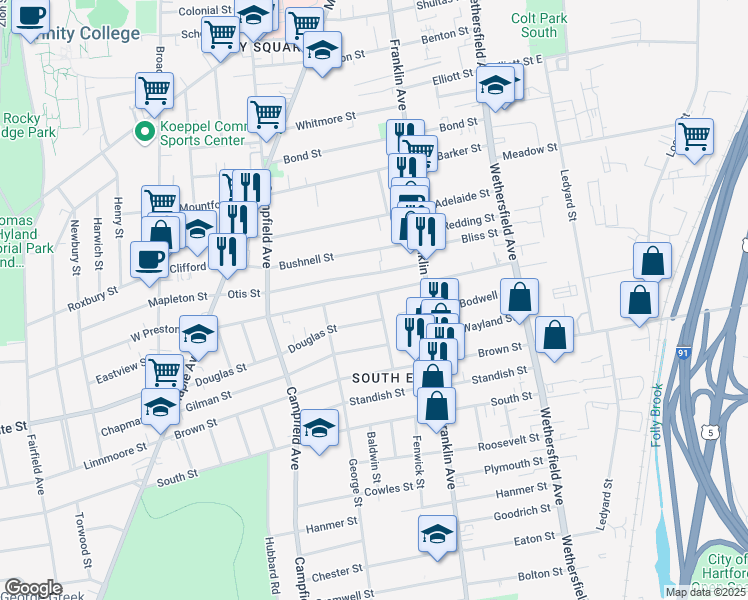 map of restaurants, bars, coffee shops, grocery stores, and more near 65 Winship Street in Hartford