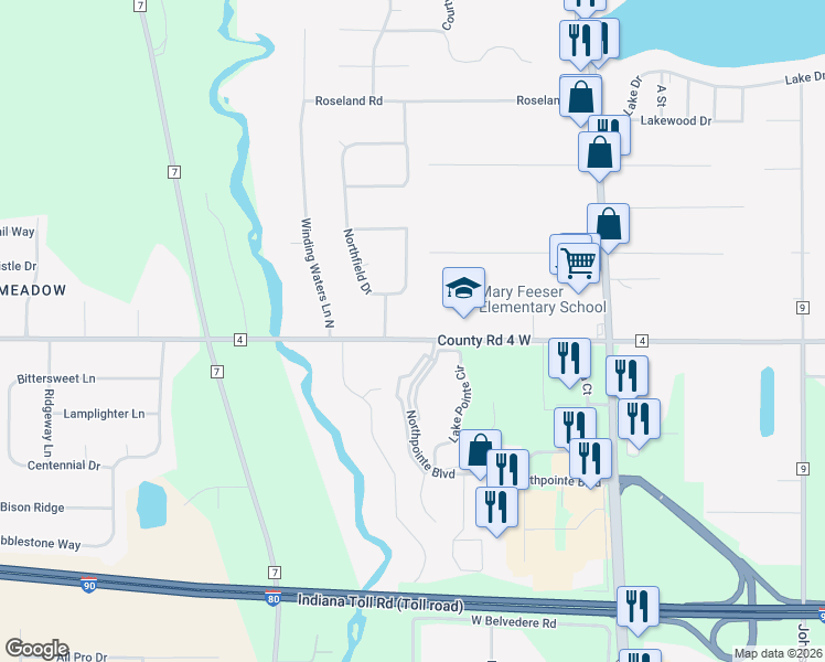 map of restaurants, bars, coffee shops, grocery stores, and more near 26779 County Road 4 in Elkhart