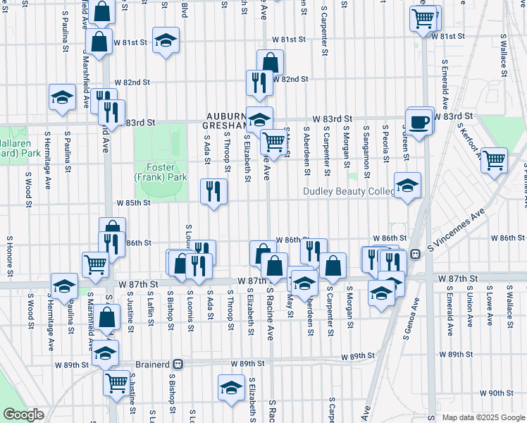 map of restaurants, bars, coffee shops, grocery stores, and more near 8512 South Racine Avenue in Chicago