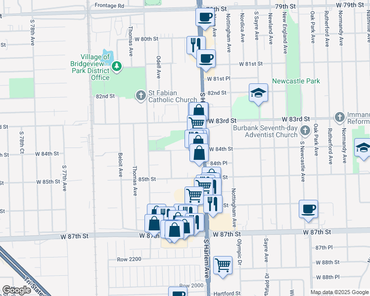 map of restaurants, bars, coffee shops, grocery stores, and more near 7230 West 84th Street in Bridgeview