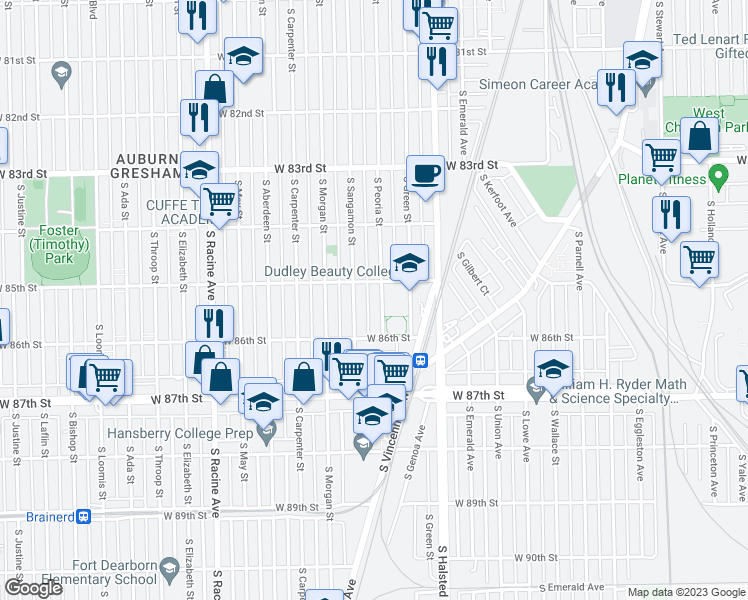 map of restaurants, bars, coffee shops, grocery stores, and more near 8516 South Peoria Street in Chicago