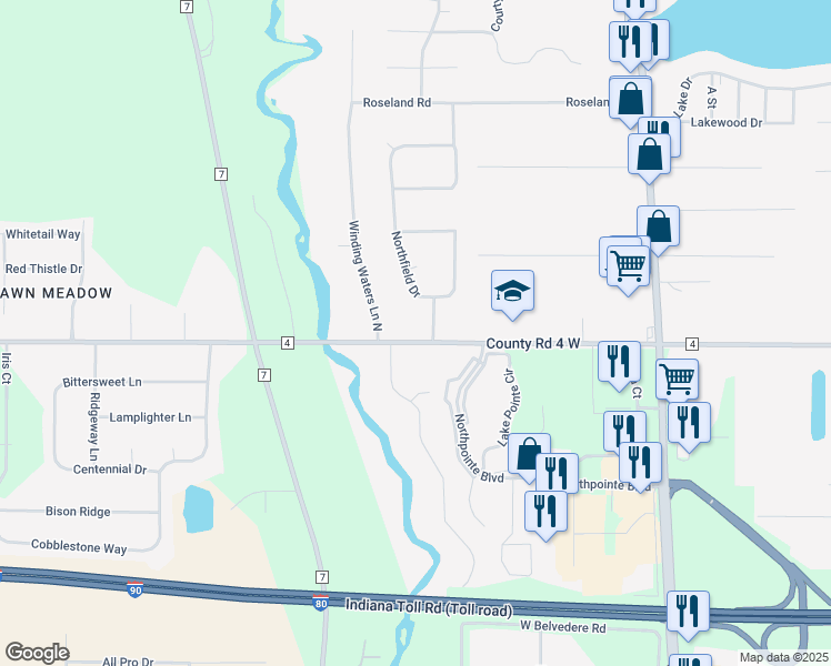 map of restaurants, bars, coffee shops, grocery stores, and more near 26869 County Road 4 in Elkhart