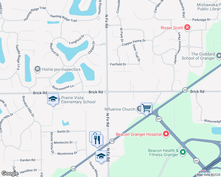 map of restaurants, bars, coffee shops, grocery stores, and more near 14915 Brick Road in Granger