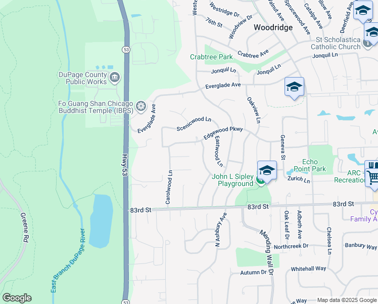 map of restaurants, bars, coffee shops, grocery stores, and more near 3108 Andrea Court in Woodridge