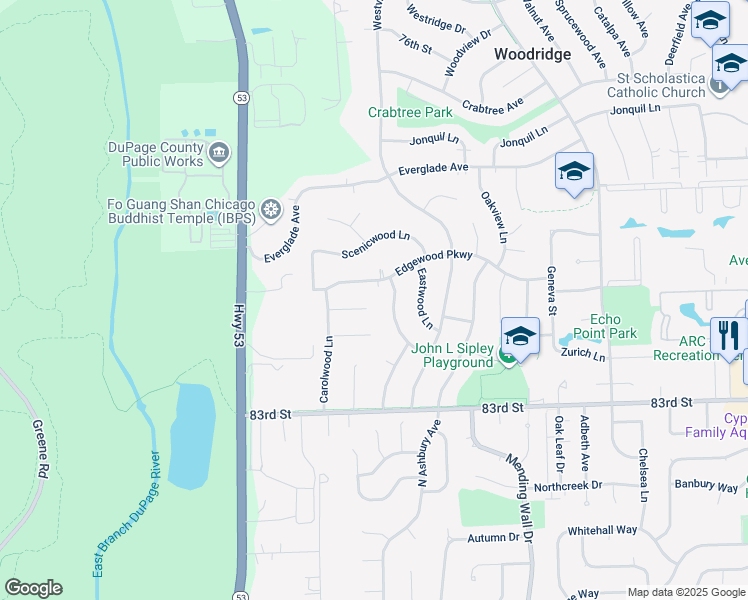 map of restaurants, bars, coffee shops, grocery stores, and more near 3108 Andrea Court in Woodridge