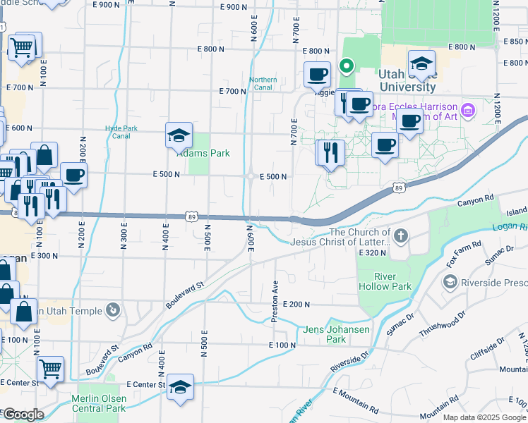 map of restaurants, bars, coffee shops, grocery stores, and more near 408 600 East in Logan
