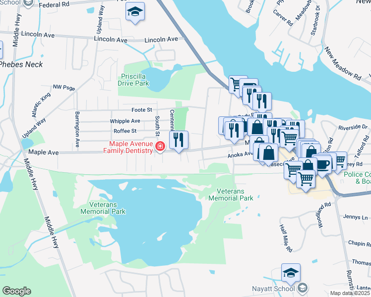 map of restaurants, bars, coffee shops, grocery stores, and more near 1 Andreozzi Drive in Barrington