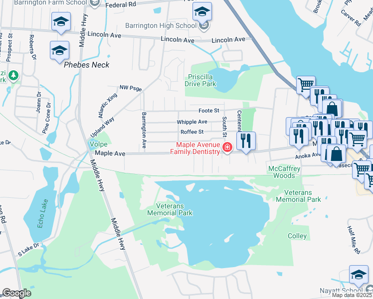 map of restaurants, bars, coffee shops, grocery stores, and more near 419 Maple Avenue in Barrington