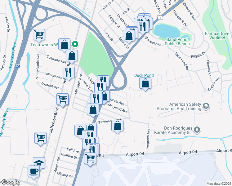 map of restaurants, bars, coffee shops, grocery stores, and more near 55 Alabama Avenue in Warwick