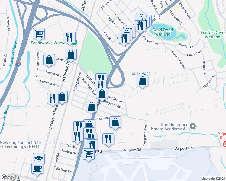 map of restaurants, bars, coffee shops, grocery stores, and more near 55 Alabama Avenue in Warwick