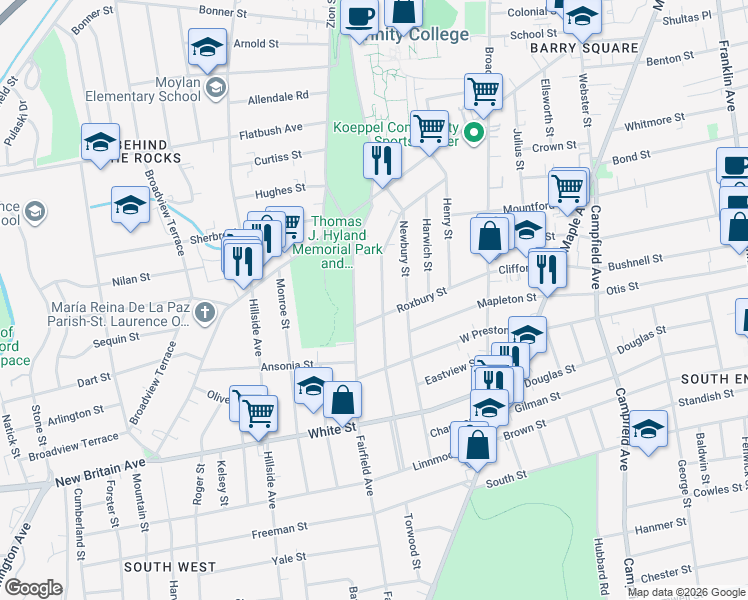 map of restaurants, bars, coffee shops, grocery stores, and more near 142 Grandview Terrace in Hartford