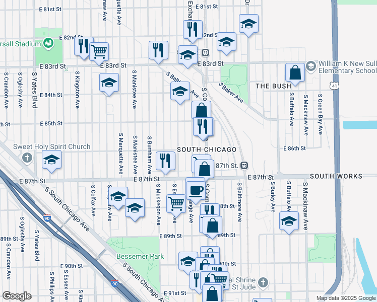 map of restaurants, bars, coffee shops, grocery stores, and more near 8601 South Escanaba Avenue in Chicago