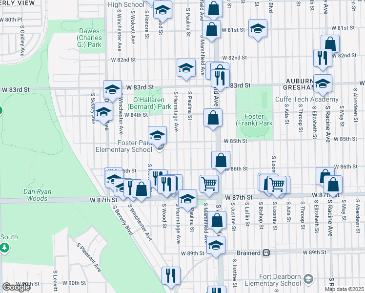 map of restaurants, bars, coffee shops, grocery stores, and more near 8514 South Paulina Street in Chicago