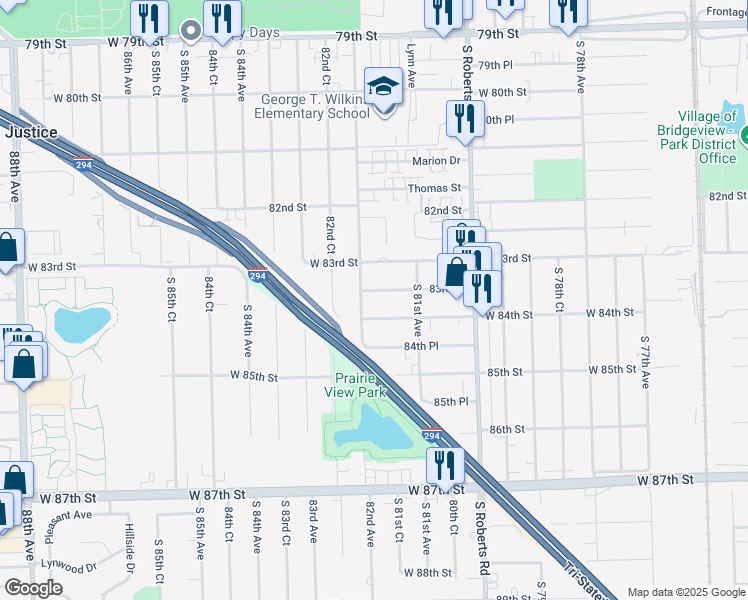 map of restaurants, bars, coffee shops, grocery stores, and more near 8159 83rd Place in Justice
