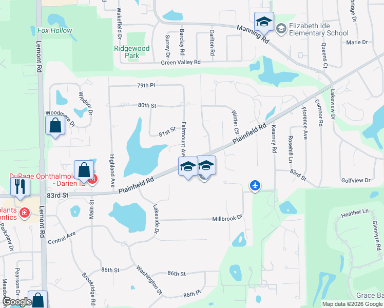 map of restaurants, bars, coffee shops, grocery stores, and more near 8133 Fairmount Avenue in Downers Grove