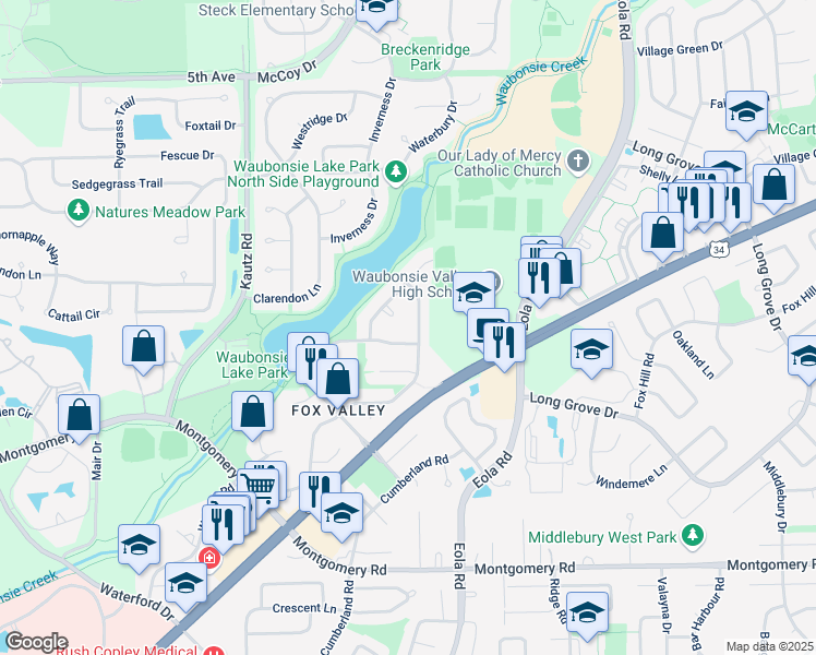 map of restaurants, bars, coffee shops, grocery stores, and more near 2476 Lakeside Drive in Aurora