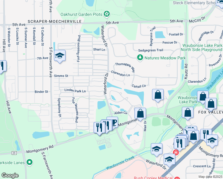 map of restaurants, bars, coffee shops, grocery stores, and more near 1821 Audra Circle in Aurora