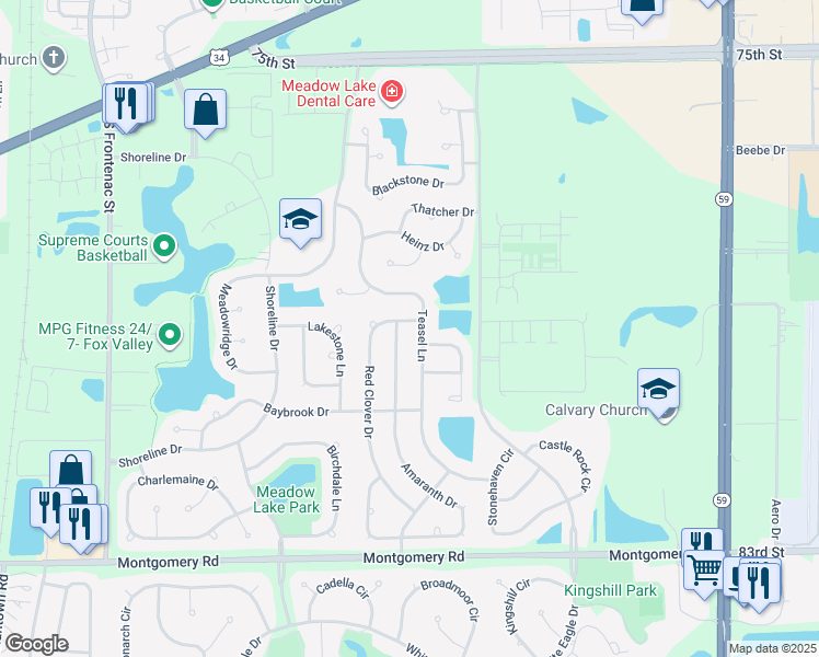 map of restaurants, bars, coffee shops, grocery stores, and more near 854 Red Clover Drive in Aurora