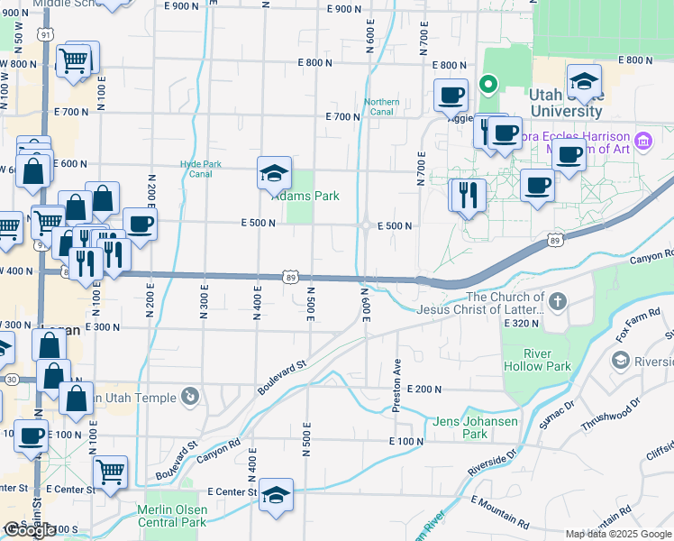 map of restaurants, bars, coffee shops, grocery stores, and more near 549 East 400 North in Logan