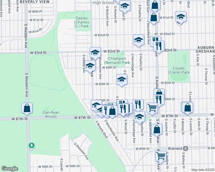 map of restaurants, bars, coffee shops, grocery stores, and more near 8500 South Wolcott Avenue in Chicago