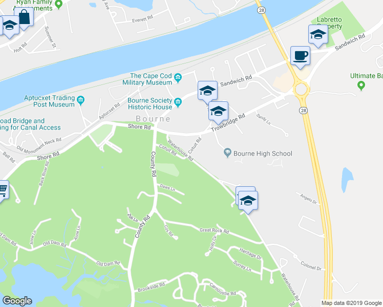 map of restaurants, bars, coffee shops, grocery stores, and more near 40 Cotuit Road in Bourne
