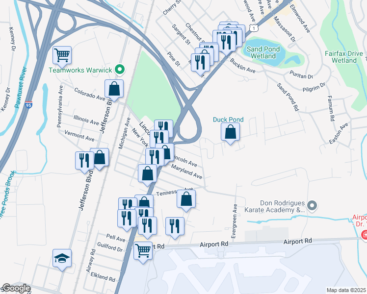 map of restaurants, bars, coffee shops, grocery stores, and more near 55 Alabama Avenue in Warwick