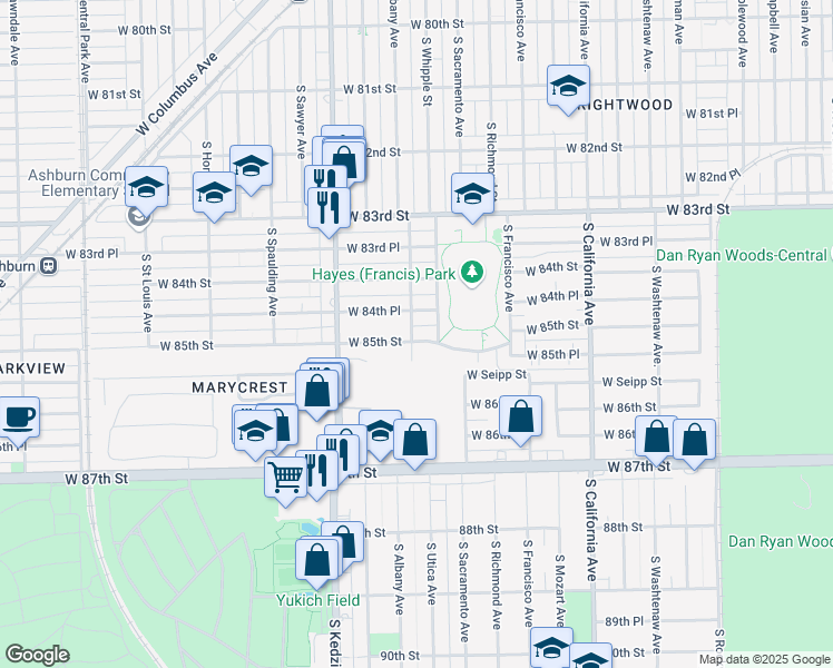 map of restaurants, bars, coffee shops, grocery stores, and more near 3048 West 85th Street in Chicago