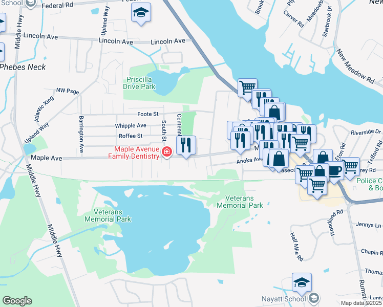 map of restaurants, bars, coffee shops, grocery stores, and more near 1 Andreozzi Drive in Barrington