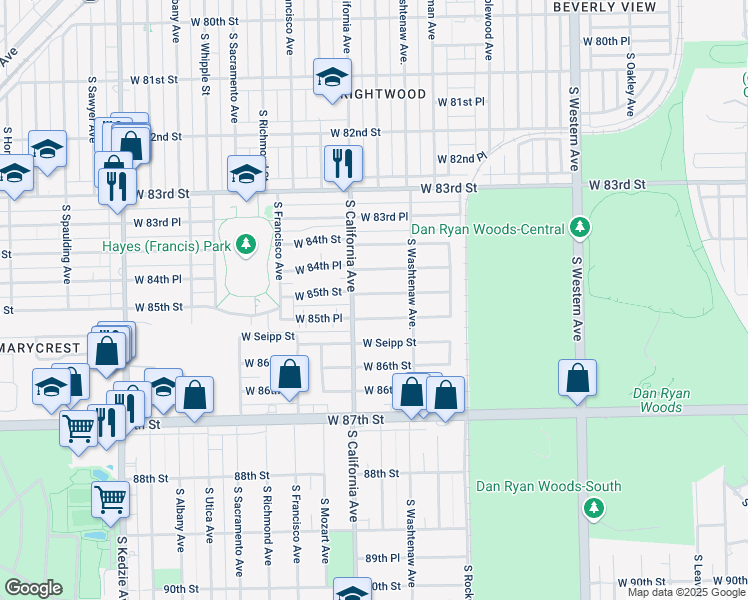 map of restaurants, bars, coffee shops, grocery stores, and more near 2743 West 85th Street in Chicago