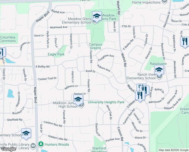 map of restaurants, bars, coffee shops, grocery stores, and more near 1717 Drake Court in Naperville
