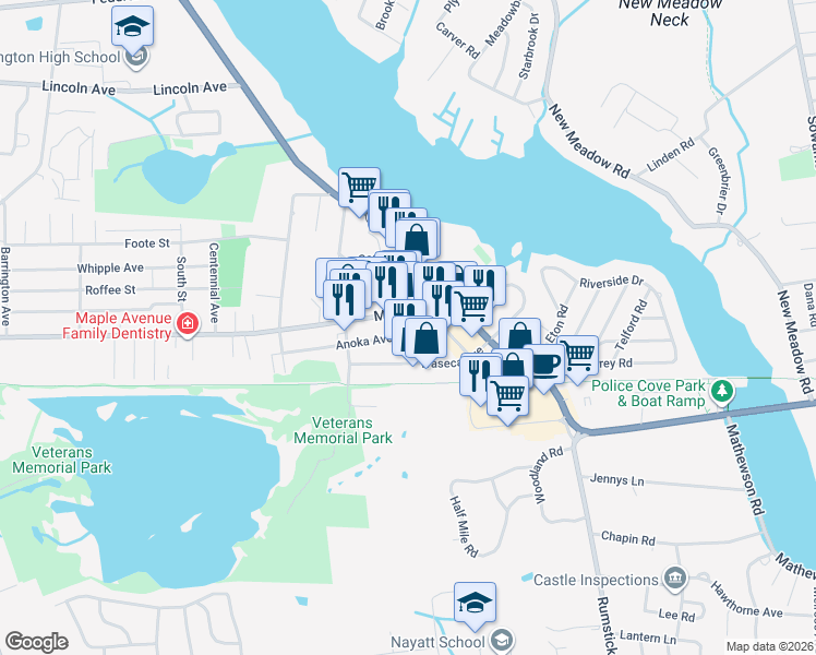 map of restaurants, bars, coffee shops, grocery stores, and more near 25 Anoka Avenue in Barrington