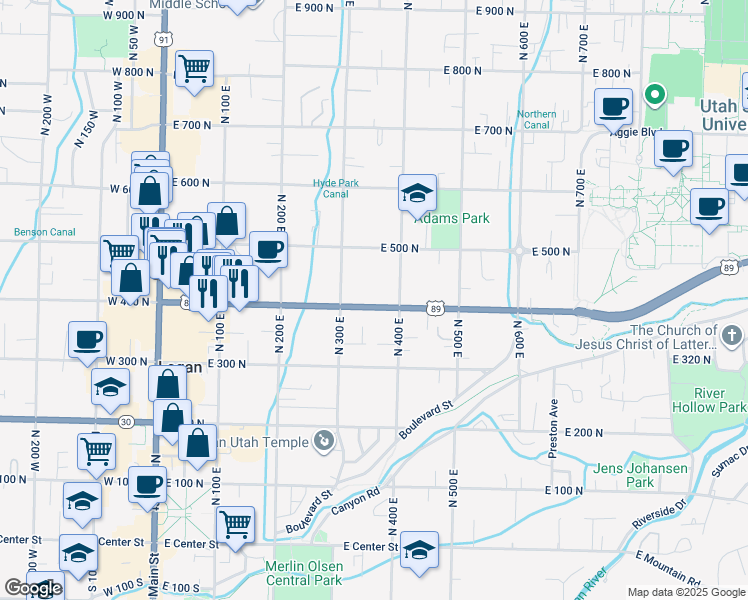 map of restaurants, bars, coffee shops, grocery stores, and more near in Logan