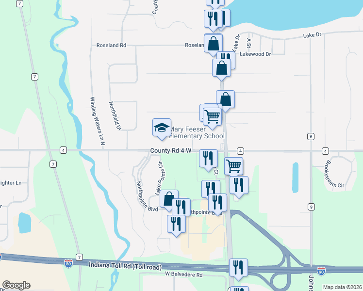 map of restaurants, bars, coffee shops, grocery stores, and more near 461-499 County Road 4 West in Elkhart