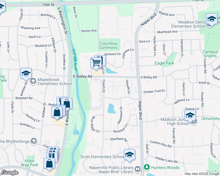 map of restaurants, bars, coffee shops, grocery stores, and more near 1671 Kiowa Circle in Naperville