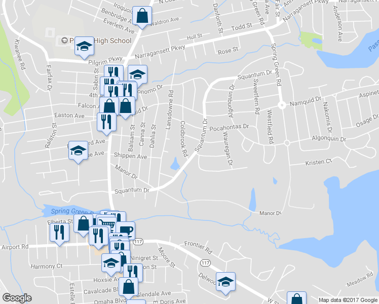 map of restaurants, bars, coffee shops, grocery stores, and more near 170 Coldbrook Road in Warwick