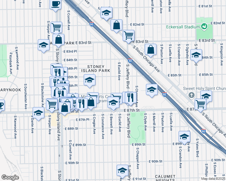 map of restaurants, bars, coffee shops, grocery stores, and more near 8557 South Bennett Avenue in Chicago